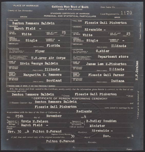 Pinkerton/Baldwin Marriage Certificate, 1934 (Source: Baldwin)